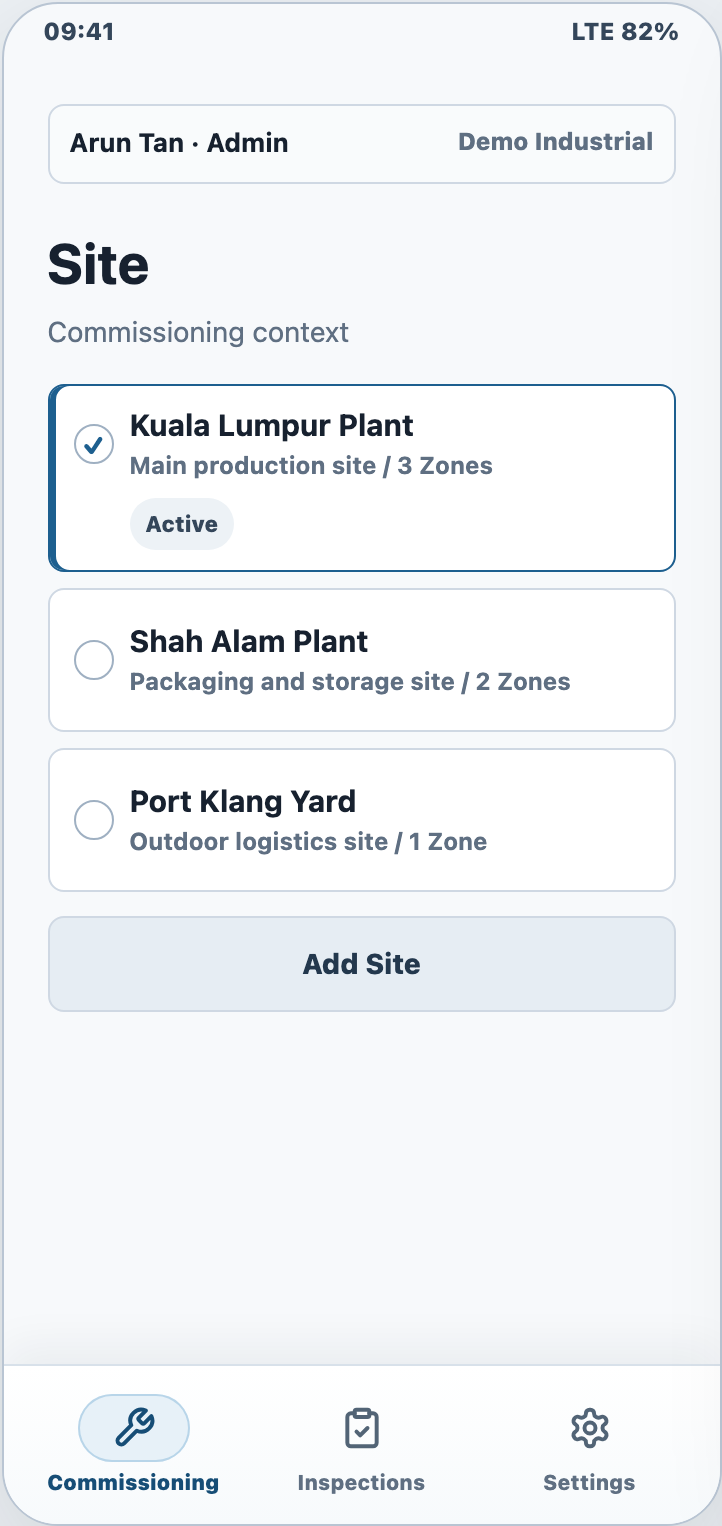 BarangTemp equipment setup app screen